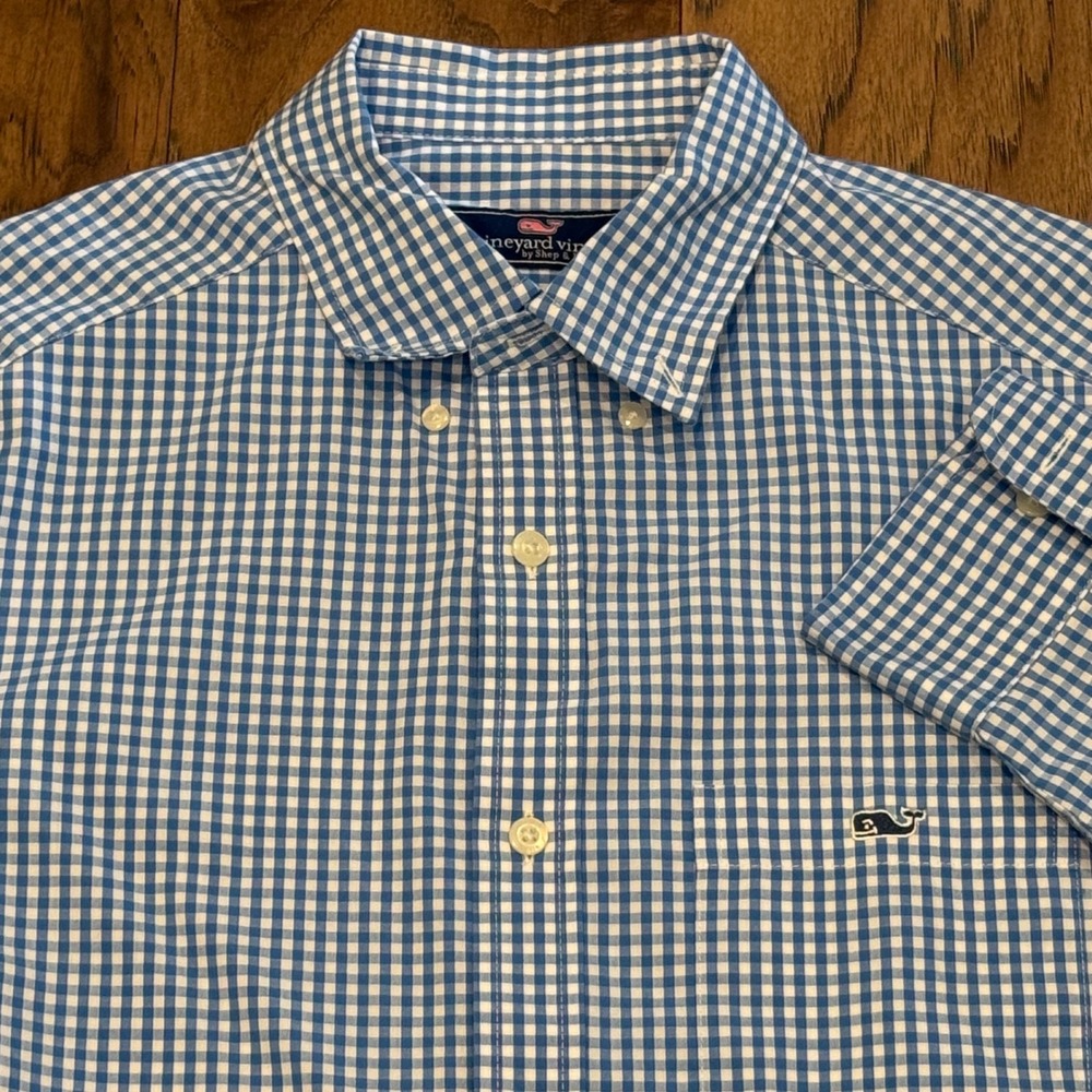 Vineyard Vines Mens Small Blue Gingham Check Button Down Shirt Stretch